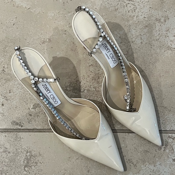 Jimmy Choo Shoes - Saeda 85 Linen Patent Leather Pumps with Crystal Embellishment